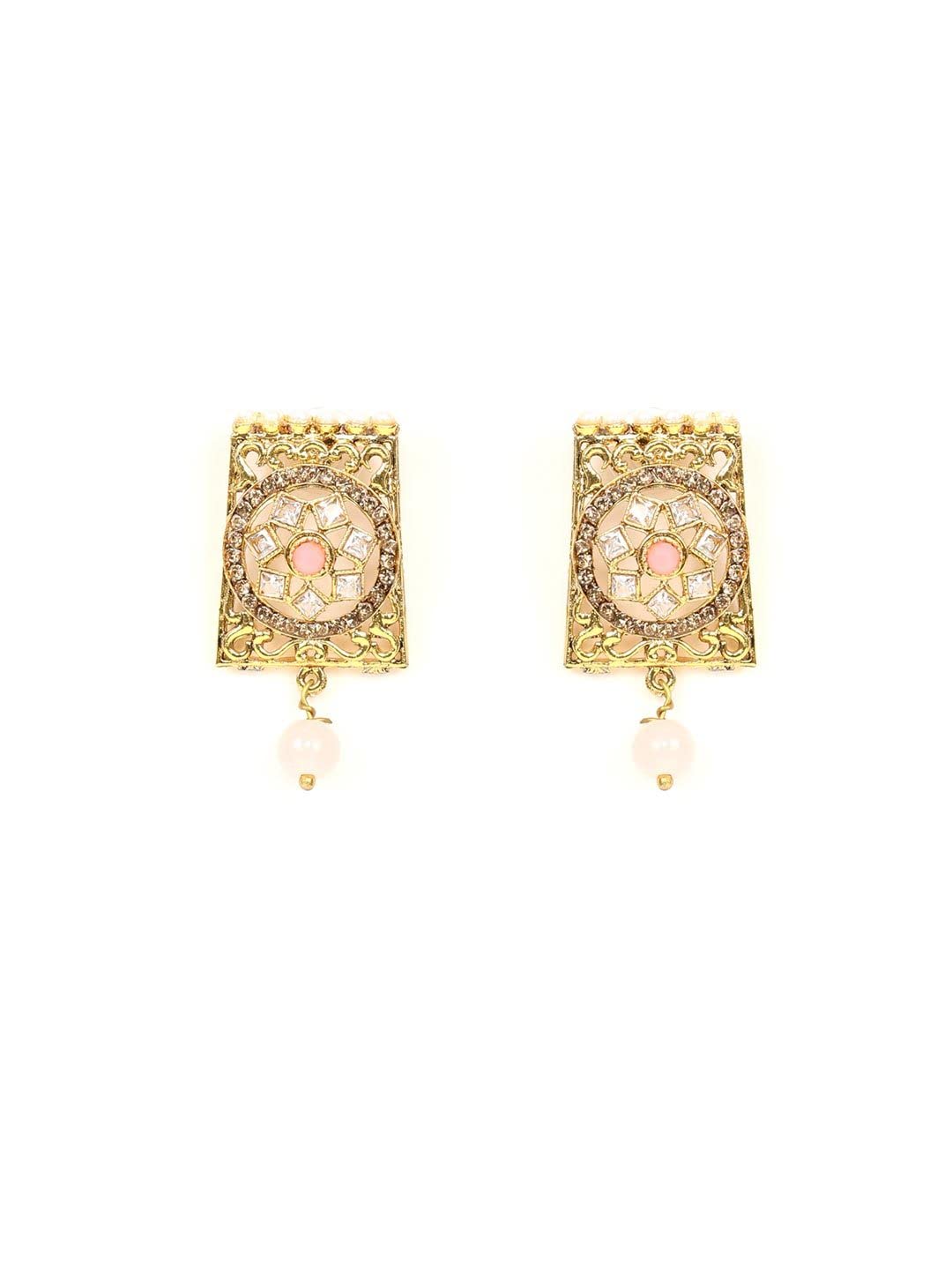 Priyaasi Gold-Plated, Stones Studded Floral Patterned Choker Set with Beads Drop in Pink Color, One Size (NL-PR-10050-PNK)