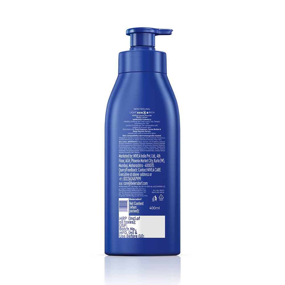 NIVEA Cocoa Nourish 400ml Body Lotion with Deep Moisture Serum| 72 H Moisturization | With Cocoa Butter & Coconut Oil | Non Greasy & Healthy Looking Skin |For Very Dry Skin