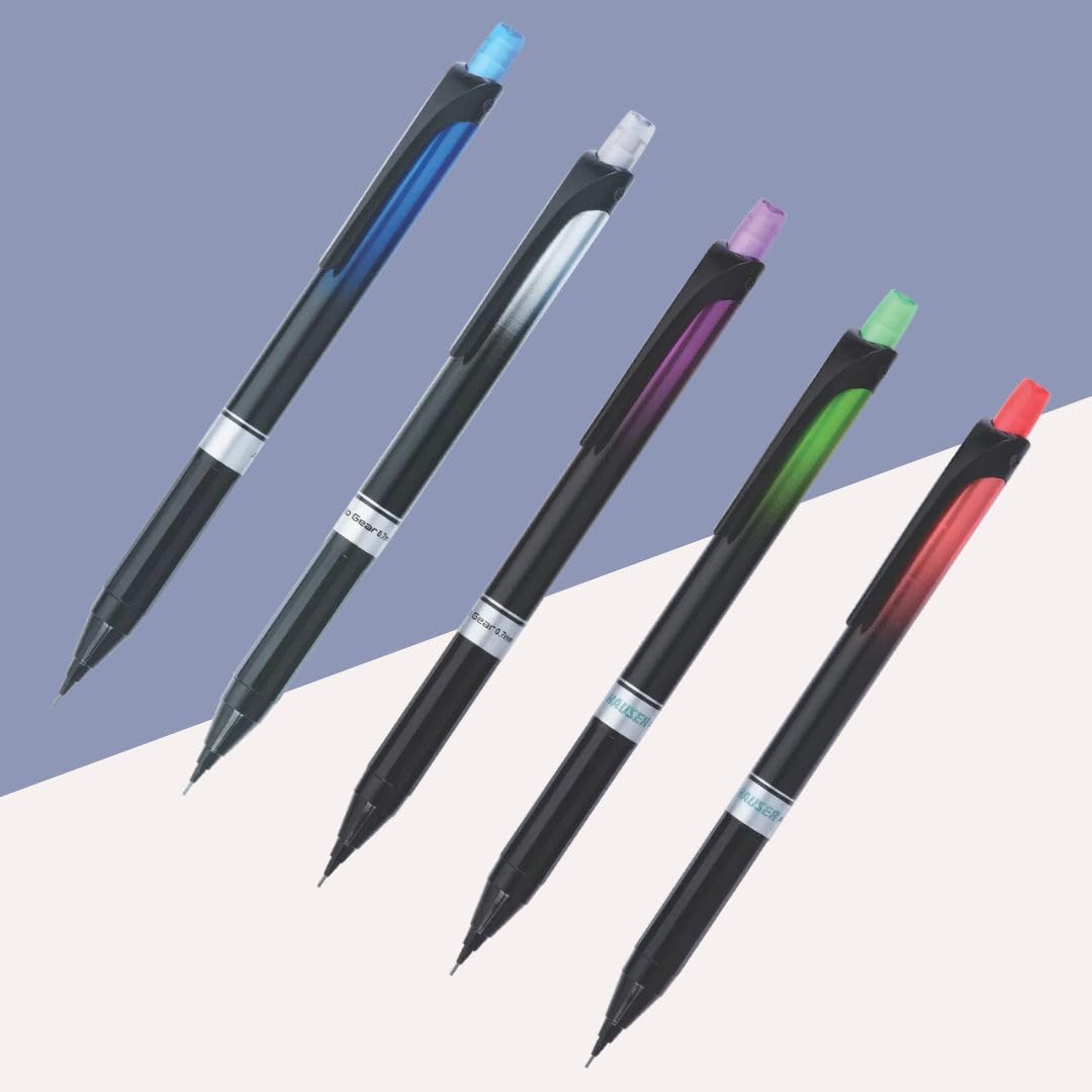 Hauser Auto Gear 0.7mm Mechanical Pencil - Pack of 4 | Click Once & Keep Writing | Extra Dark & Breakage Resistant 2B Lead | Eraser At The Top For Quick-Erasing | 10 FREE 2B Leads With Each Pack