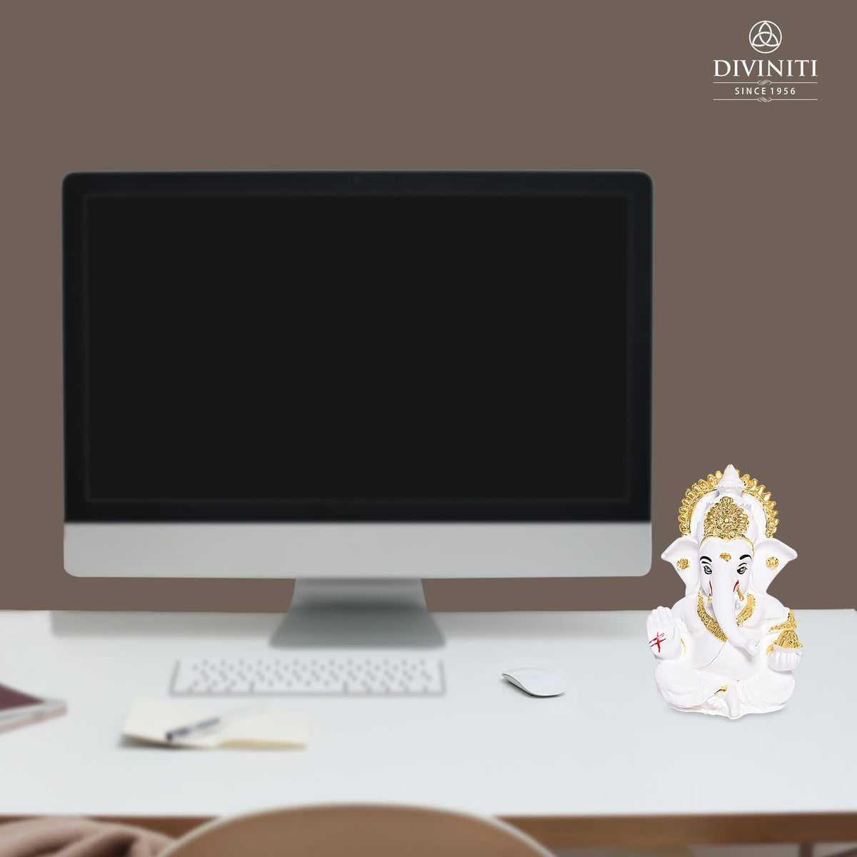 DIVINITI 24K Gold Plated Resin Lord Ganesha Idol for Car Dashboard, Tabletop|Ganesh Statue for Good Luck and Success|Ganpati Murti for Home Decor Mandir, Office Desk Puja Gift White (8.4x4.2cm)