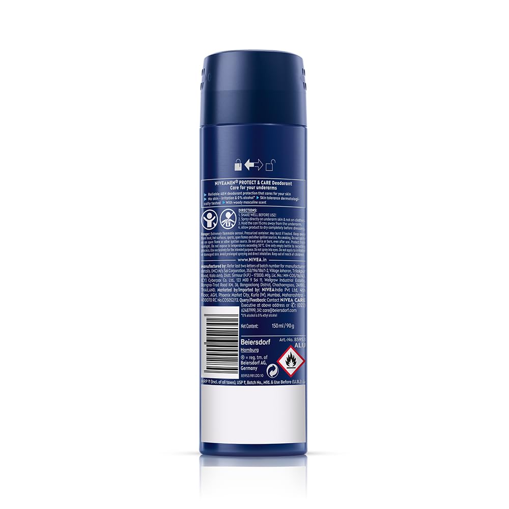 NIVEA MEN Protect & Care Deodorant Spray | Men's Underarm Deodorant with Quick Dry Formula | 48H Active Protection & Long-Lasting Freshness | Skin-Friendly, 0% Alcohol, Dermatologically Tested, 150 ml