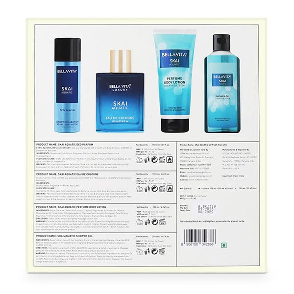 Bella Vita Luxury Skai Aquatic Gift Set for Man and Woman with Aloe Vera Body Wash 250 ml for Deep Cleansing, EDC Perfume 100 ml, Deo Body Parfum 150 ml & Perfume Body Lotion 200 ml