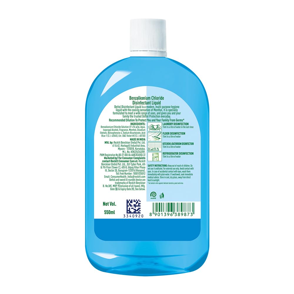 Dettol Liquid Disinfectant for Personal Hygiene, Surface Disinfection, Floor Cleaner (Menthol Cool, 550ml)