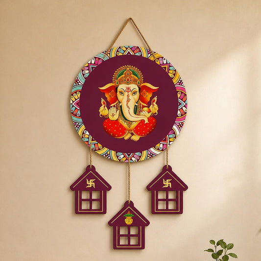 Artvibes Lord Ganesha Auspicious Wooden Art Work Wall Hanging For Good Luck Properity Vastu | Spiritual Decor Items | Paintings | Wall Poster| Stylish Modern Decor Item | Gift Items (WH_7204N)