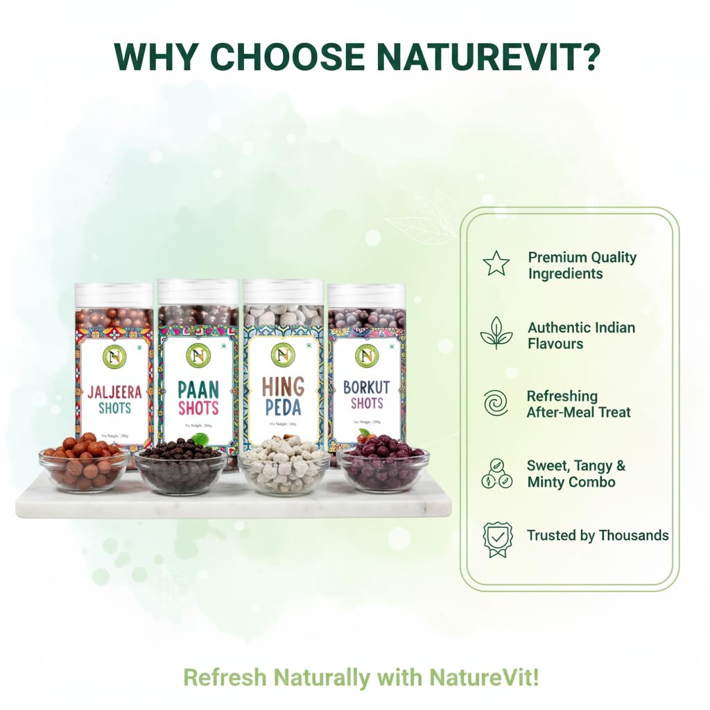 NatureVit Shots Combo Pack 800g (4 x 200g) | Borkut Shot, Paan Shot, Hing Peda & Jaljeera Shot | Tangy Digestive Mouth Freshener | Sweet & Spicy After Meal Treat