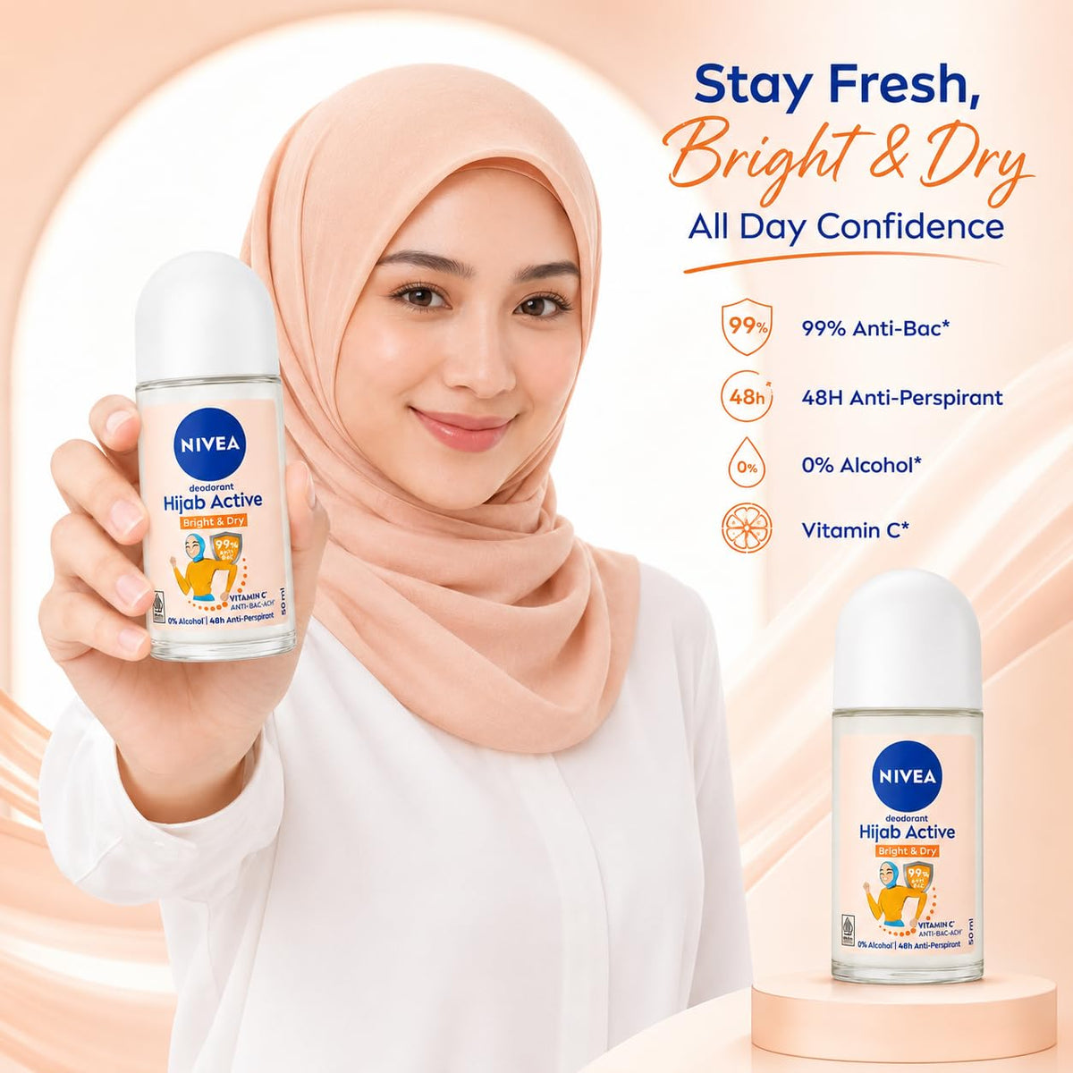 NIVEA Hijab Active Bright & Dry Anti-Perspirant Roll-On Deodorant for Women, 48H Protection, Vitamin C & Anti-Bacterial Formula, 0% Alcohol, 50 ml