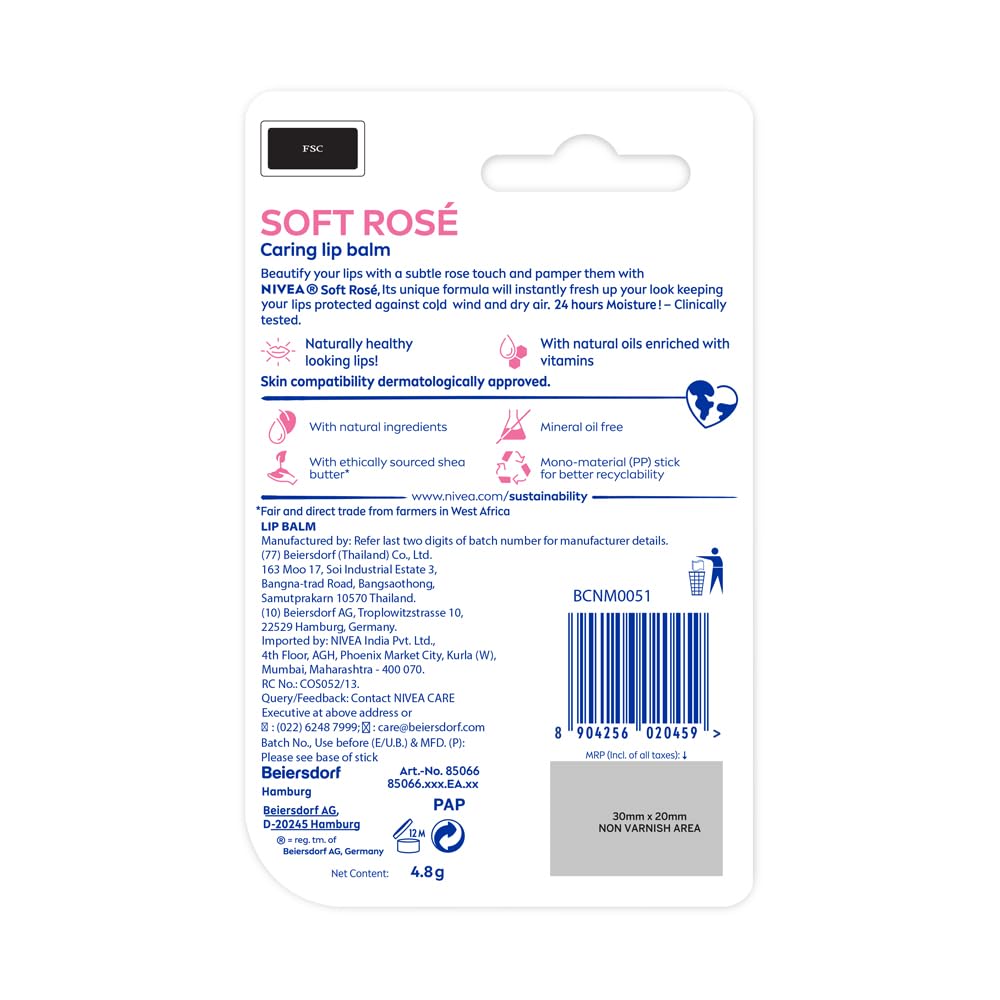 NIVEA Soft Rose Shine 4.8g Lip Balm|24 H Melt in Moisture Formula|Natural Oils|Glossy Finish,4.8 g (Pack of 1)