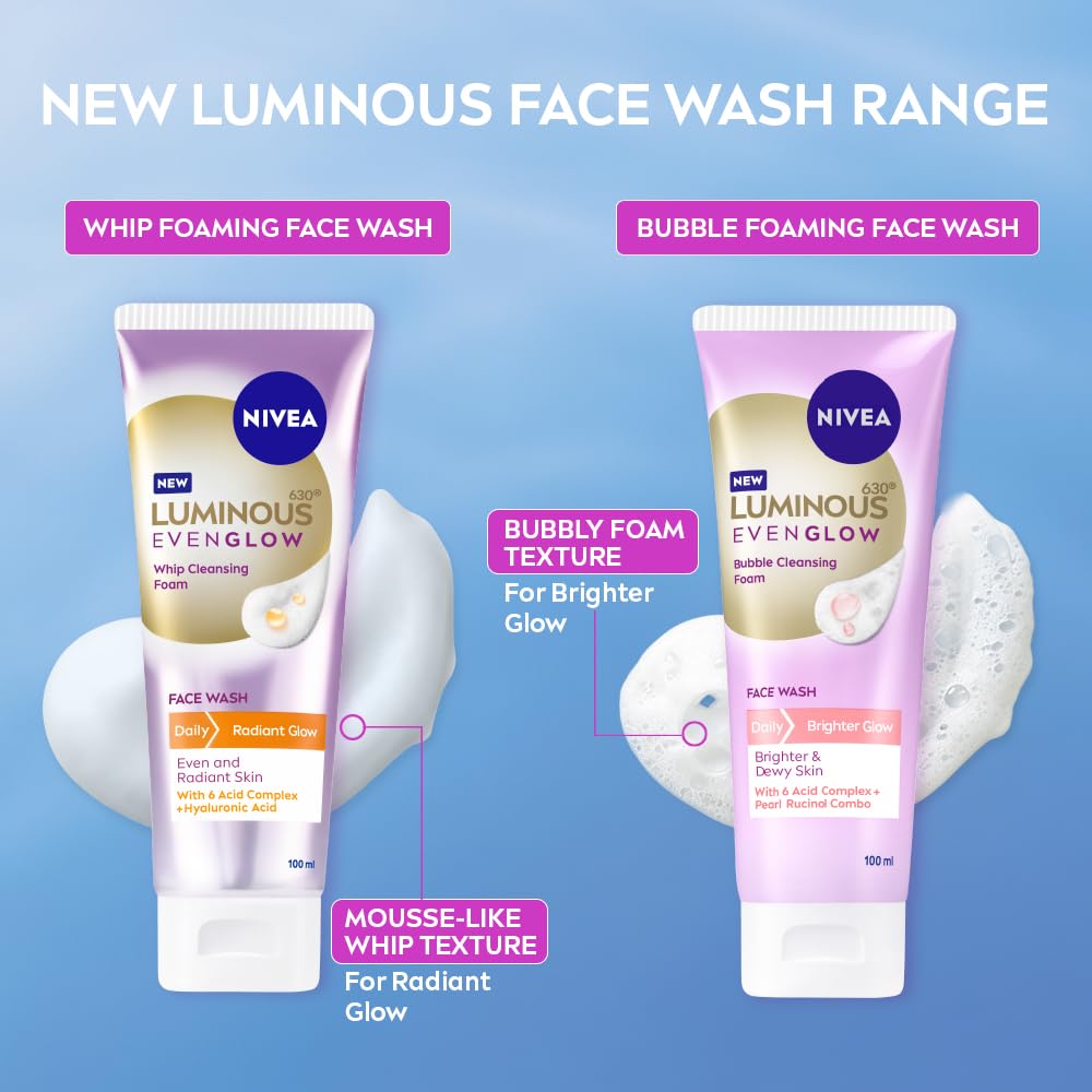 NIVEA Luminous Vitamin C - Whip Foaming Face Wash for Brightness & Radiant Glow, 100 ml | Cleanses, Brightens, Unclogs Pores & Hydrates | Removes Make Up | For oily, dry & sensitive skin | Men & women