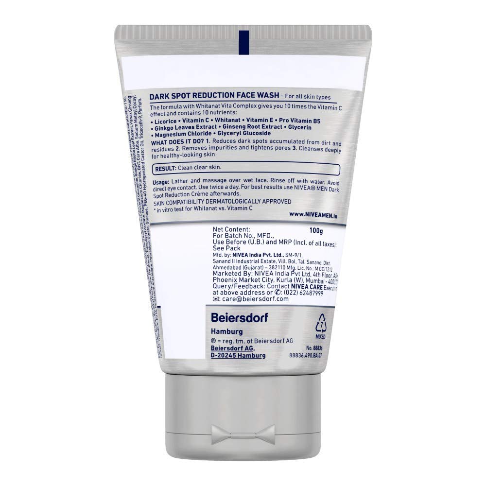NIVEA MEN Dark Spot Reduction Face Wash 100 g (Pack of 3)| With Ginko and Ginseng Extracts for Clean, Healthy & Clear Skin | 10 X Vitamin C Effect for Radiant Skin |For Dark Spot Reduction