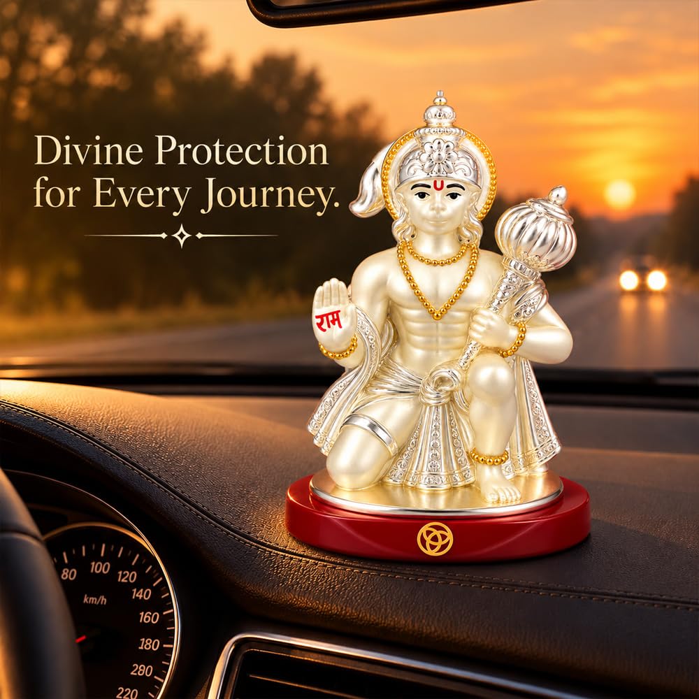 DIVINITI Premium Lord Hanuman Idol with Silver-Tone Finish & Gold Accents | Bajrangbali Idol with Gada, Ram Blessing Hand, Stable Base & Premium Gift Box | Home, Mandir & Gifting | 8.5 x 6.5 cm