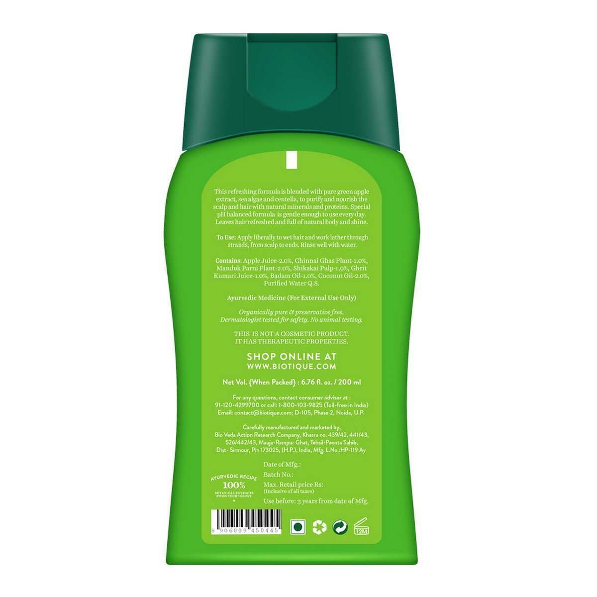 Biotique Bio Green Apple Fresh Daily Purifying Shampoo And Conditioner, 200ml