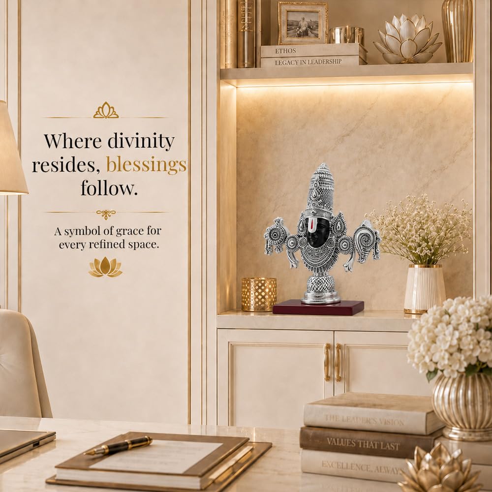 DIVINITI Antique Silver Plated Lord Tirupati Balaji Face Idol with Premium Gift Box|Venkateswara Swamy Decorative Showpiece for Home Temple, Pooja Room & Spiritual Decor|Religious Gift | 13 x 14 cm