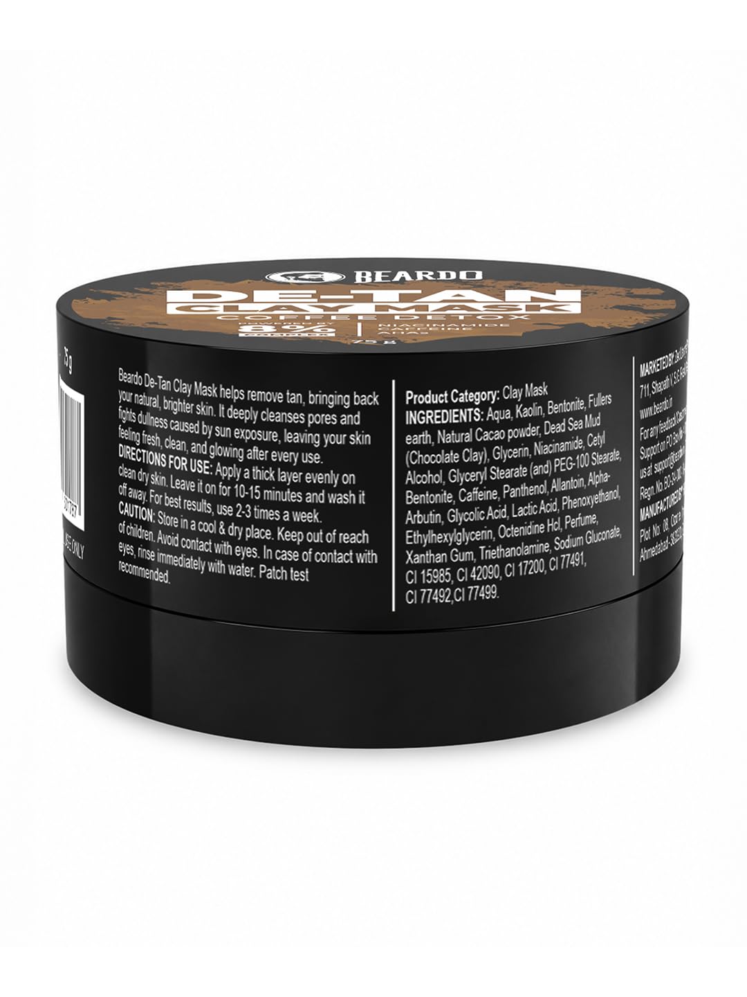 Beardo De-Tan Clay Mask for Men, 75g | Tan Removal & Skin Brightening Face Pack | Deep Cleansing with Niacinamide,Lactic Acid, Glycolic & Kaolin | For All Skin Types