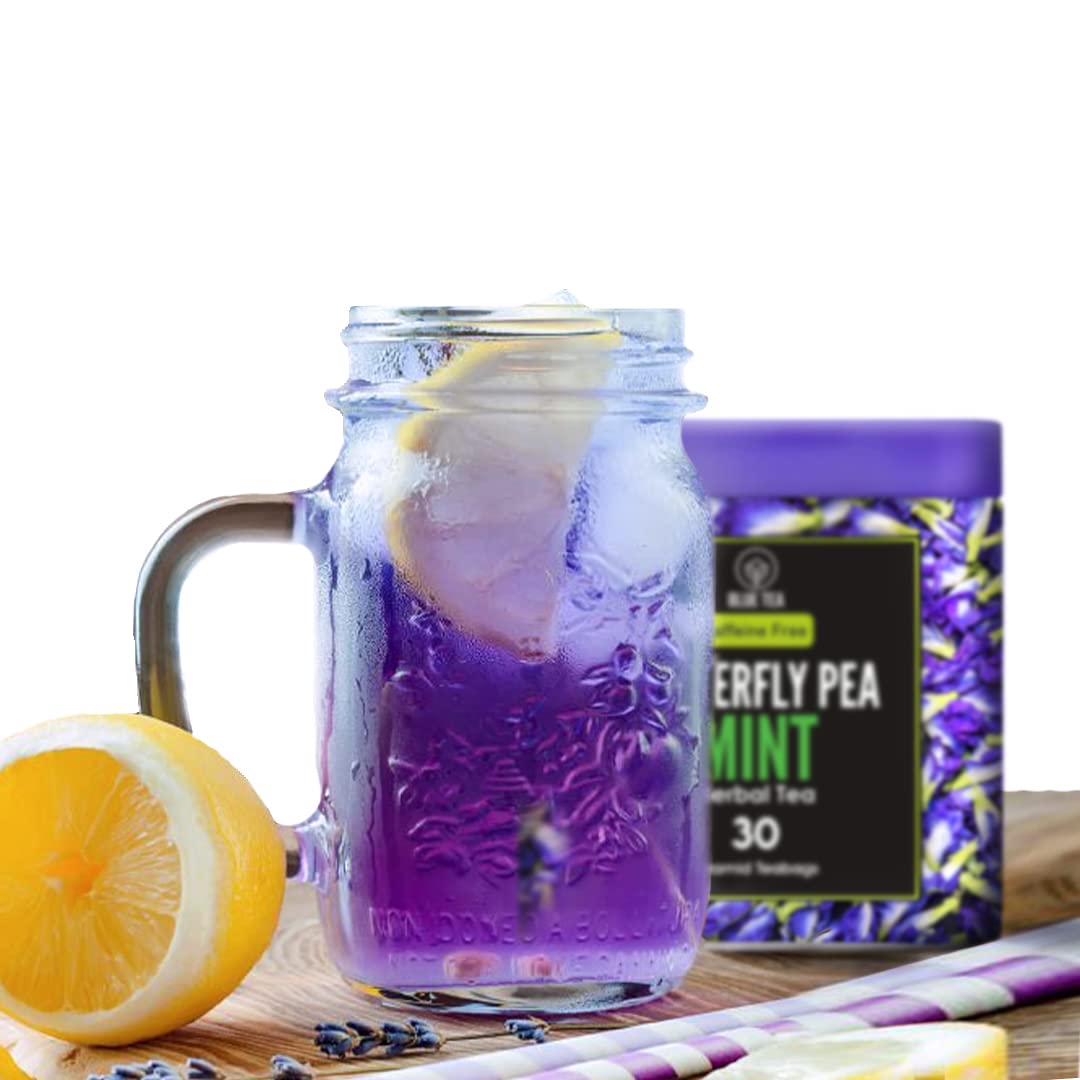 BLUE TEA - Butterfly Pea Mint Tea - 30 Tea Bags | REFRESHING BLEND | Aparajita - Shankhpushpi | Antioxidant - Flower Based - Herbal Tea - Caffeine-Free | Tin Pack