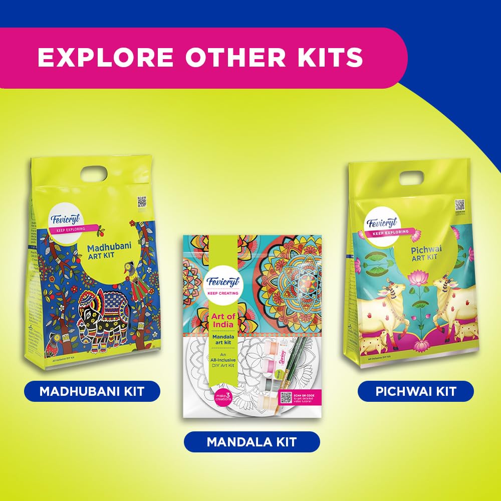 Fevicryl Art of India Lippan kit, Acrylic Paints 6 Shades, 1 Round Brush, Pre-Designed Canvas, Mouldit, Ideal for Festive Gifting, Artists, Students