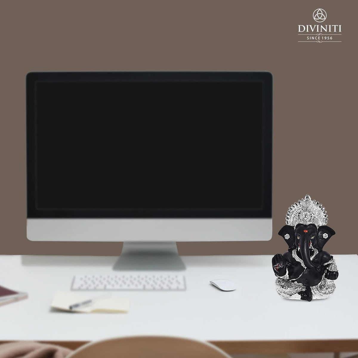 DIVINITI 999 Silver Plated Resin Lord Ganesha Idol for Car Dashboard, Tabletop|Ganesh Statue for Good Luck and Success|Ganpati Murti for Home Decor Mandir, Office Desk Puja Gift Black (8.4x4.2cm)