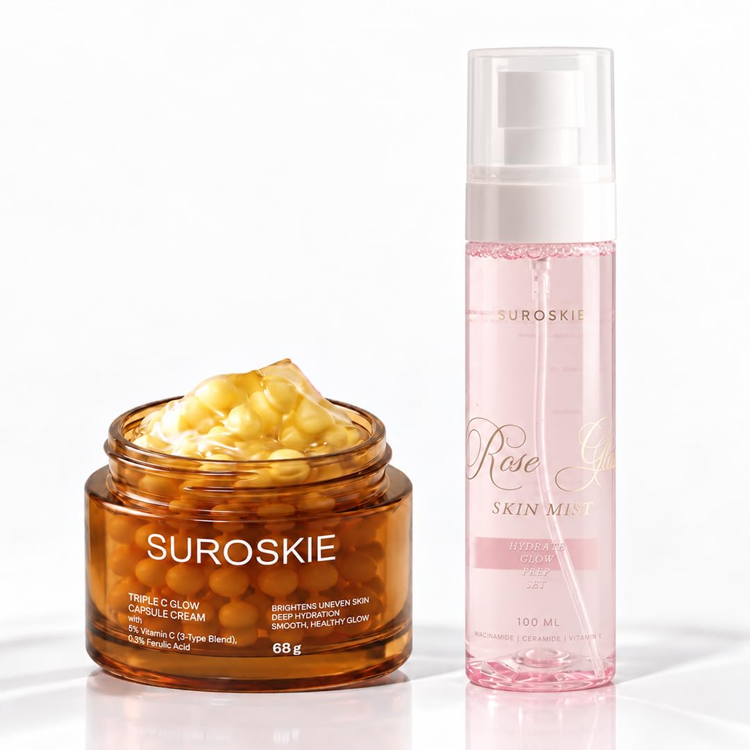 SUROSKIE Triple C Capsule Cream 68g & Roses Glass Skin Mist 100ml Combo for Men & Women, Vitamin C Brightening Face Care Kit with Rose Water, Aloe Vera, Niacinamide & Hyaluronic Acid