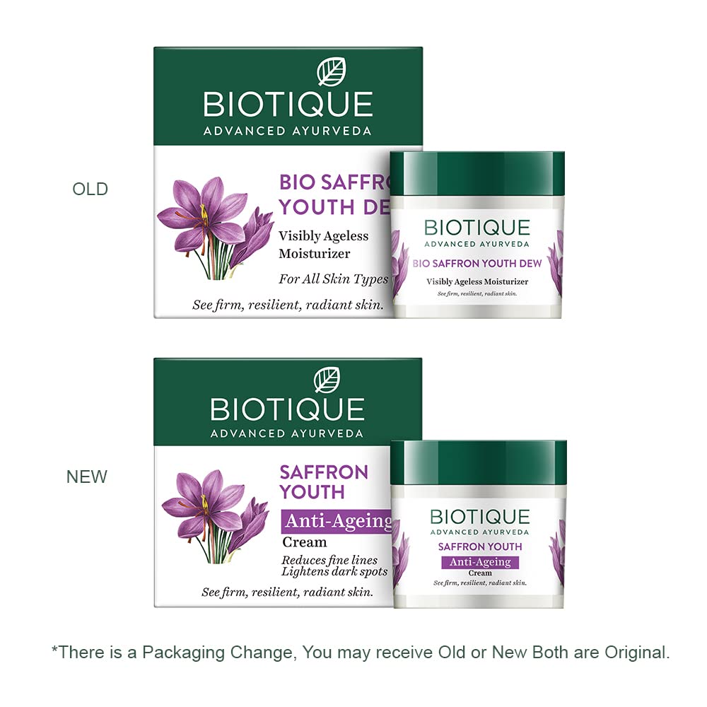 Biotique Bio Saffron Dew Youthful Moisturizer | Protects Skin Cells | Prevents Ageing and Retains Youthful Glow | 100% Botanical Extracts | Suitable for All Skin Types | 50g