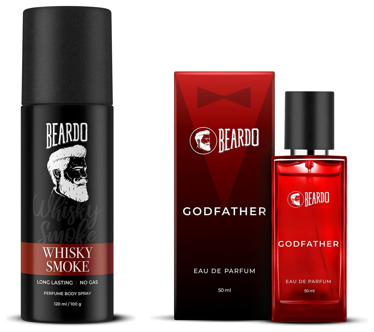 BEARDO Fragrance Combo Whiskey Smoke Body Spray, 120ml & Godfather Perfume, 50ml (Set Of 2) For Men, Spicy