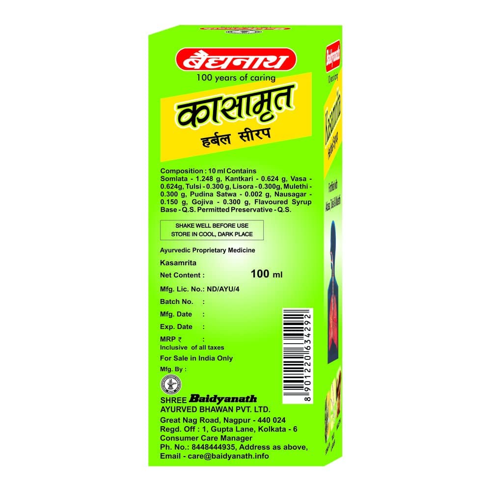 Baidyanath Asli Ayurved Kasamrit Herbal I Ayurvedic Tonic For Cough And Cold I 100ml (Pack of 4)