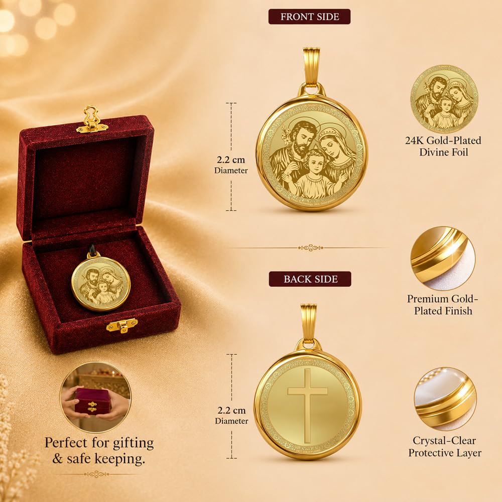 DIVINITI 24K Gold Plated Double-Sided Religious Pendant with Premium Gift Box, Spiritual Locket for Men & Women, Devotional Jewellery for Gifting & Everyday Wear | Holy Family & Holy Cross - GNG Pendant