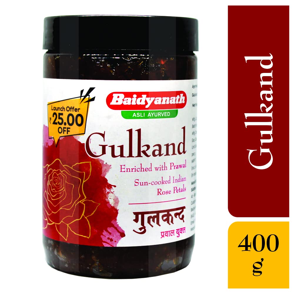Baidyanath Asli Ayurved Gulkand 400 Gummy Enriched with Prawal Sun-cooked Indian (Rose Petal Jam) (Pack of 1)