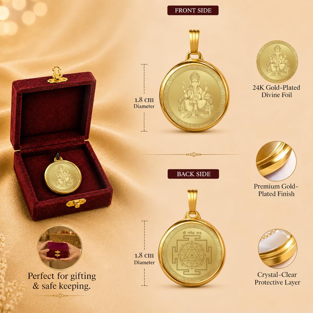 DIVINITI 24K Gold Plated Double-Sided Religious Pendant with Premium Gift Box, Spiritual Locket for Men & Women, Devotional Jewellery for Gifting & Everyday Wear | Ganesha & Yantra - GNG Pendant