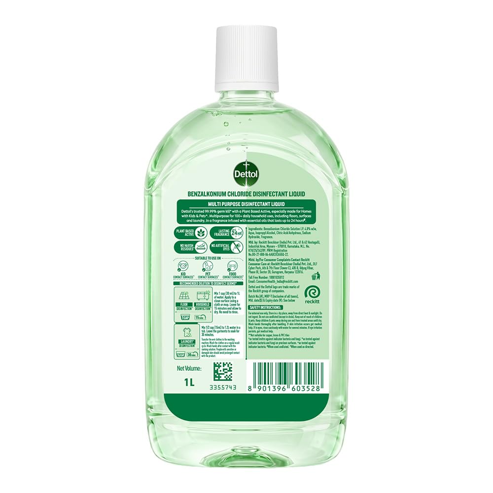 Dettol Plant-Based Disinfectant Liquid 1L, Tea & Fresh Citrus Fragrance – Kids Safe & Pet Friendly | Multi-Purpose Cleaner for Floor & Laundry | Kills 99.99% Germs