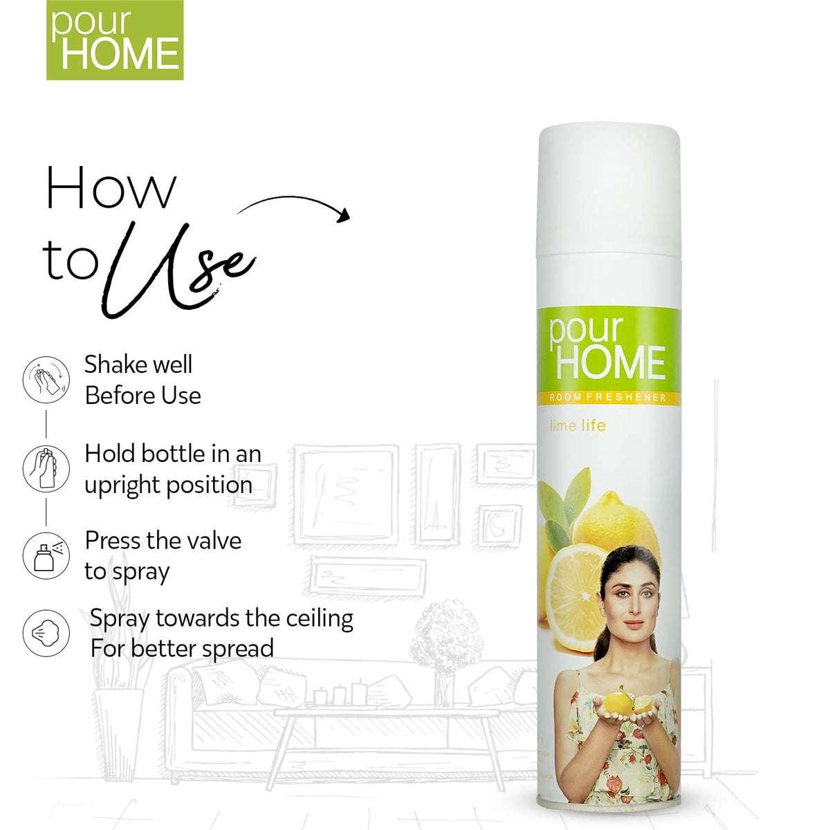POUR HOME Lime Life Room Air Freshener Spray - 220ML | Long-Lasting Fragrance - Reduces Odours - Suitable for Home & Office