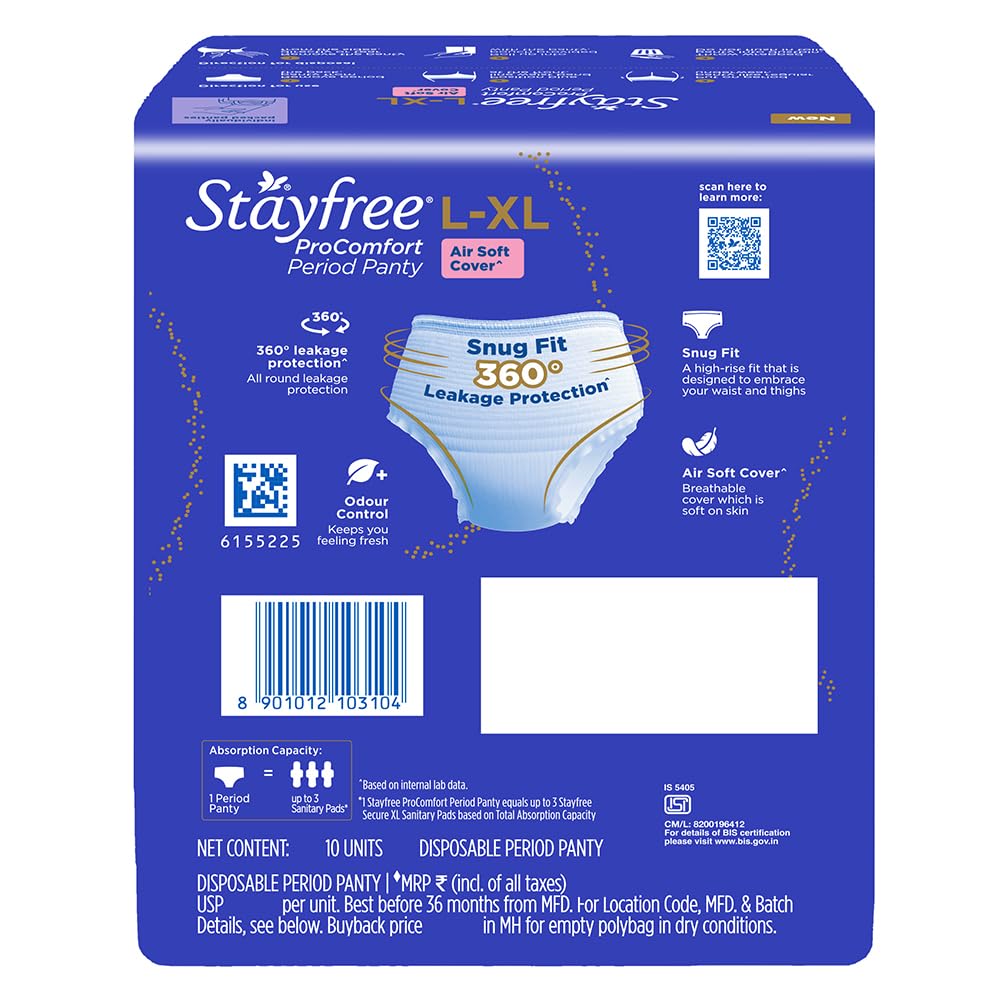 Stayfree ProComfort Period Panty for Women | Disposable Period Pants Pack of 10, L - XL | Air Soft Cover | 360° Leakage Protection for Heavy Flow | Snug Fit | Odour Control