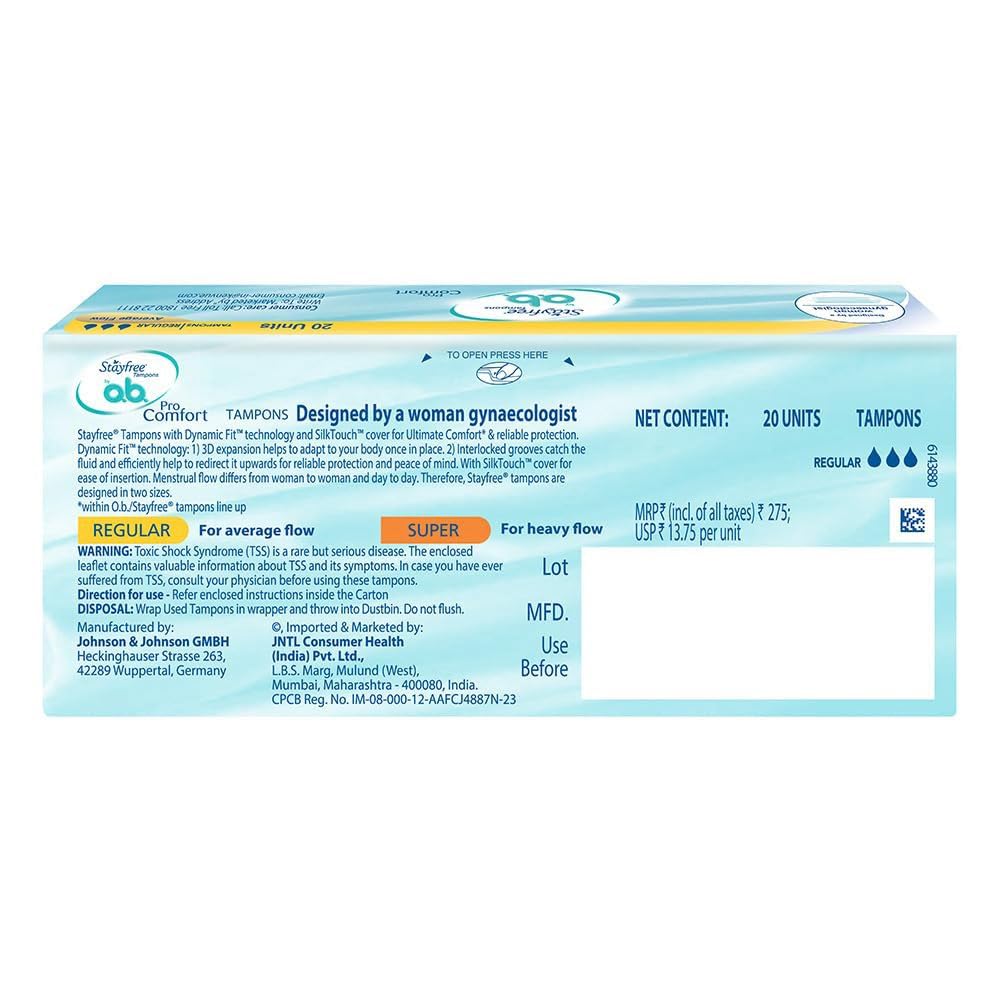 Stayfree Tampons by OB| Normal flow|20 piece| Dynamic Fit Technology| Rashfree| No skin irritation| Upto 100% leakage protection| Silk touch technology| Stain free