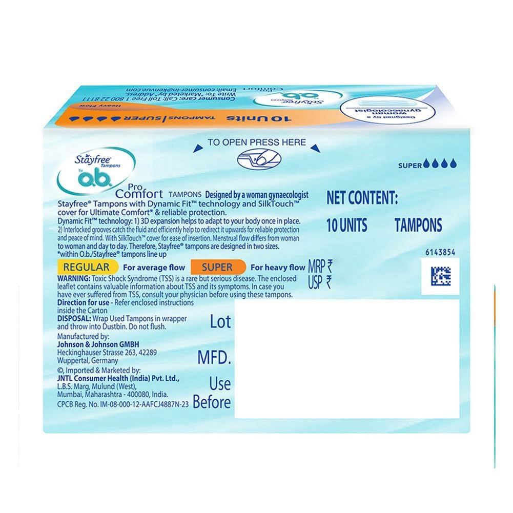 Stayfree Tampons by OB| Heavy flow|10 piece| Dynamic Fit Technology| Rashfree| No skin irritation| Upto 100% leakage protection| Silk touch technology| Stain free