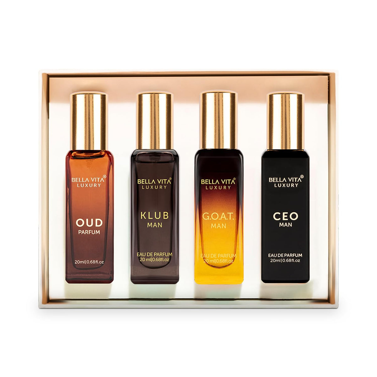Bella Vita Luxury Men Vanilla Liquid Perfume Gift Set 4 X 20 Ml With Klub, Oud, Ceo, G.O.A.T Liquid Perfume | Woody, Citrusy Long Lasting Edp Fragrance Scent (Pack Of 2), 160 Millilitres