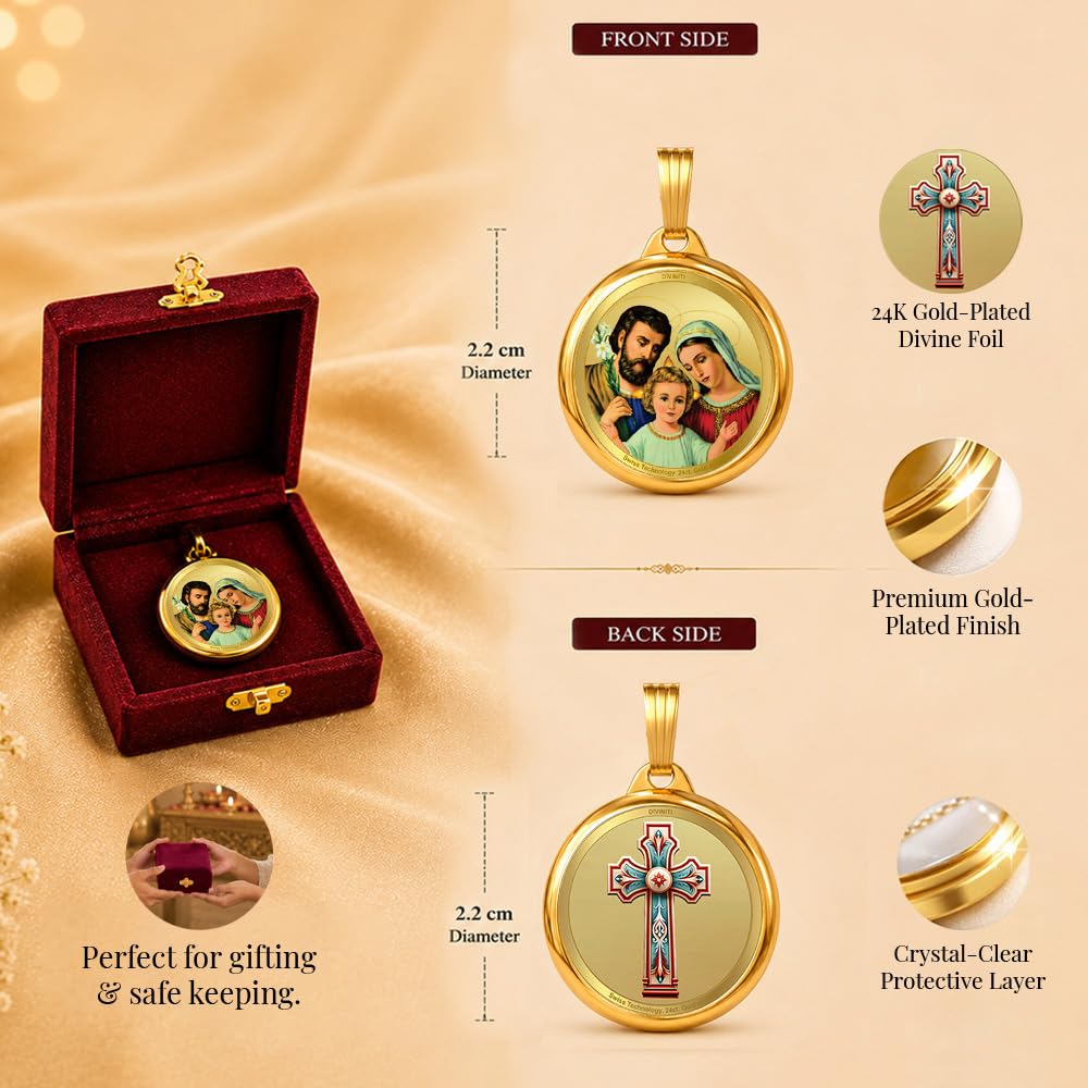 DIVINITI 24K Gold Plated Double-Sided Religious Pendant with Premium Gift Box, Spiritual Locket for Men & Women, Devotional Jewellery for Gifting & Everyday Wear | Holy Family & Holy Cross - CLR Pendant