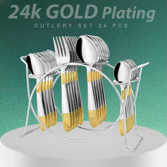 Parage 25 Pieces Ivory Gold Stainless Steel Cutlery Set with Stand (Contains: 6 Table Fork, 6 Table Spoon, 6 Dinner Spoon, 6 Tea Spoon, 1 Cutlery Stand) 24 Karat 24k Golden Plated Spoon Set (Ivory)