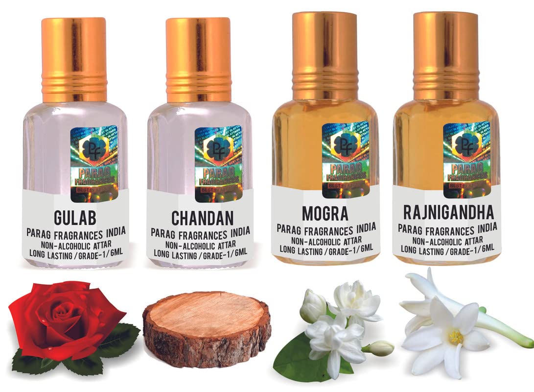 Parag Fragrances 4 in 1 Real, Natural & Long Lasting Attar Combo (Gulab/Chandan/Mogra/Rajnigandha)