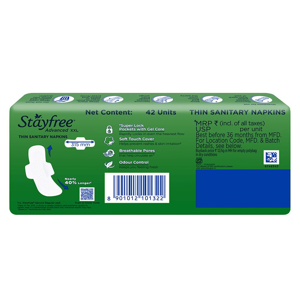 Stayfree Advanced XXL Ultra Soft Sanitary Pads for Women | 42 Soft Cotton Pads for All day Ultra Comfort | Locks Heavy flow | Prevent Rashes | Odour Control