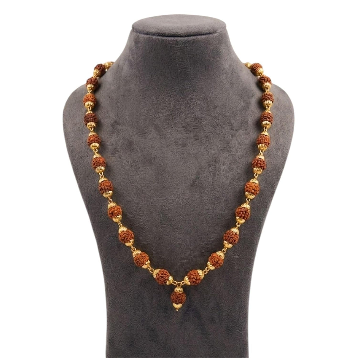 RUDRADIVINE 5 Mukhi Rudraksha Mala, Gold-Plated, 54 Beads, Brown, for Meditation, Yoga, Chanting and Prayer