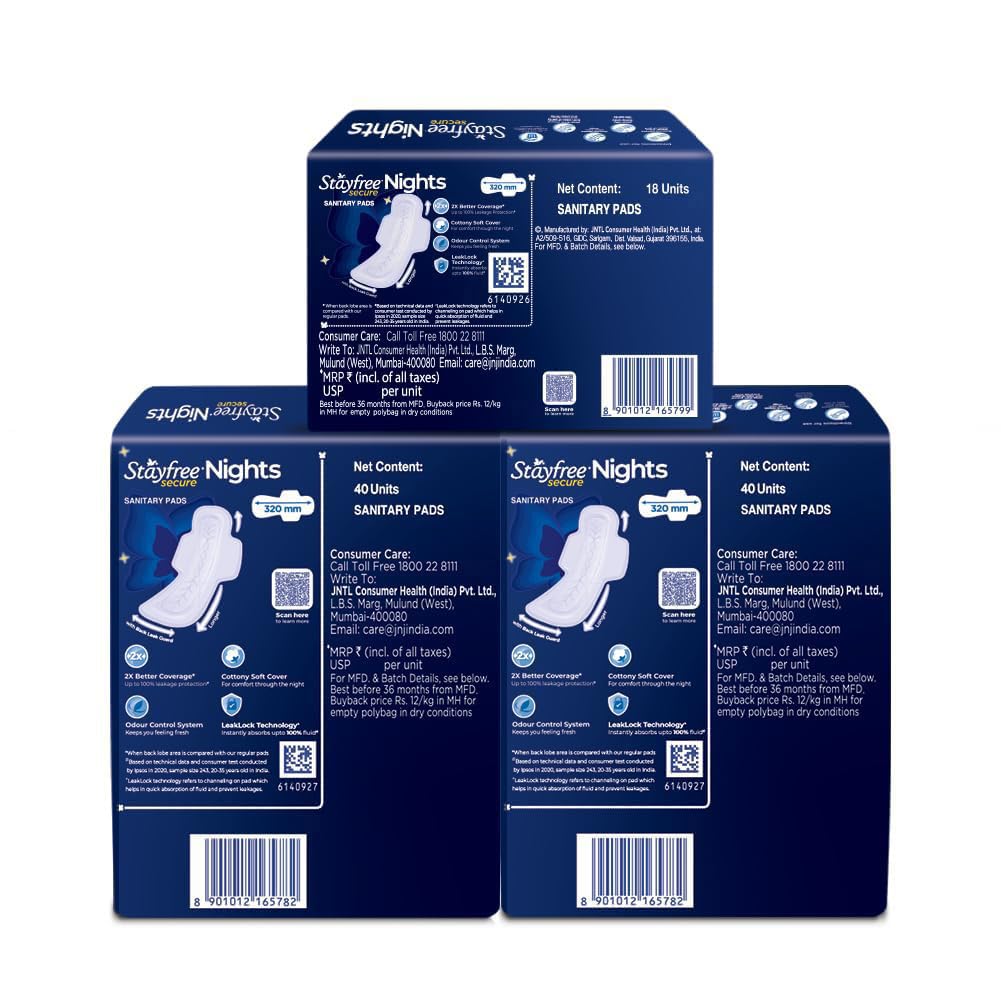 Stayfree Secure Nights XXL Sanitary Pads for Women | 98 Pads Combo Pack| Cottony Soft Cover | Upto 100% leakage protection | Buy XXL at XL price | Absorbs 2x Faster with Wider Back (SFSN40x2+20)