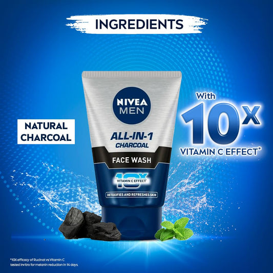 NIVEA MEN All in 1 Charcoal Face Wash | Natural Charcoal, Gluta, AHA & Vitamin C | Helps Reduce the Appearance of Tan | Removes Excess Oil and Minimizes Pores | For Bright Radiant Skin |50g