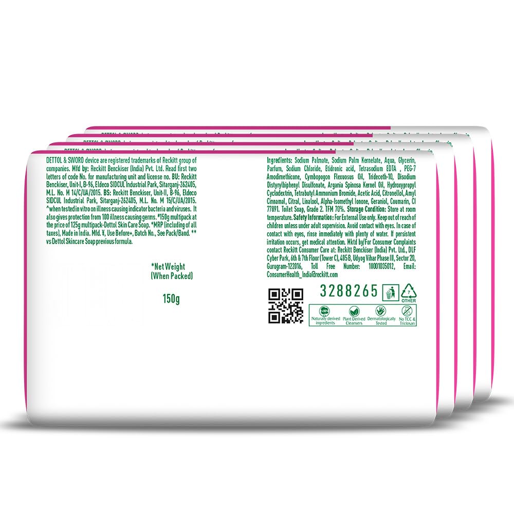 Dettol Skincare Moisturizing Beauty Bathing Soap Bar with Argan Oil, 150gm each (600gm) | Softer Skin, Pack of 4