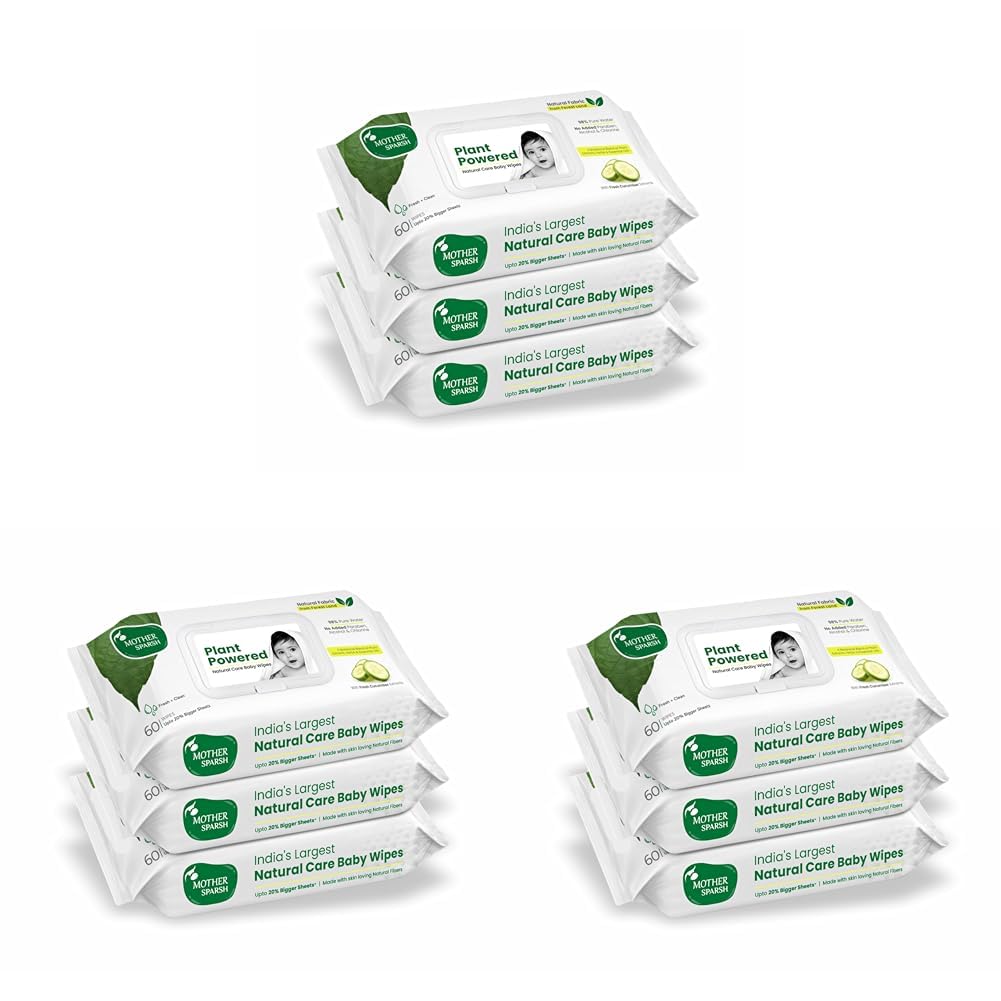 Mother Sparsh Natural Care Water Baby Wipes with Lid | 100% Plant Made Fabric From Forest Land | Fresh+Cleanse (with Cucumber) Plant Powered Wet Wipes For Baby I Cotton Cloth Like Bigger Sheets | 60 Pcs (Pack of 9)