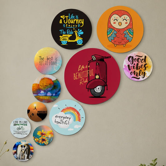 Artvibes Life Is A Journey Enjoy The Ride Decorative Round Shape MDF Wooden Wall Hanging | Quotes Decor Item | Traveller Quotes Wall Art | Wall Illustrations | Home Decor(WPS_112N), Set of 11