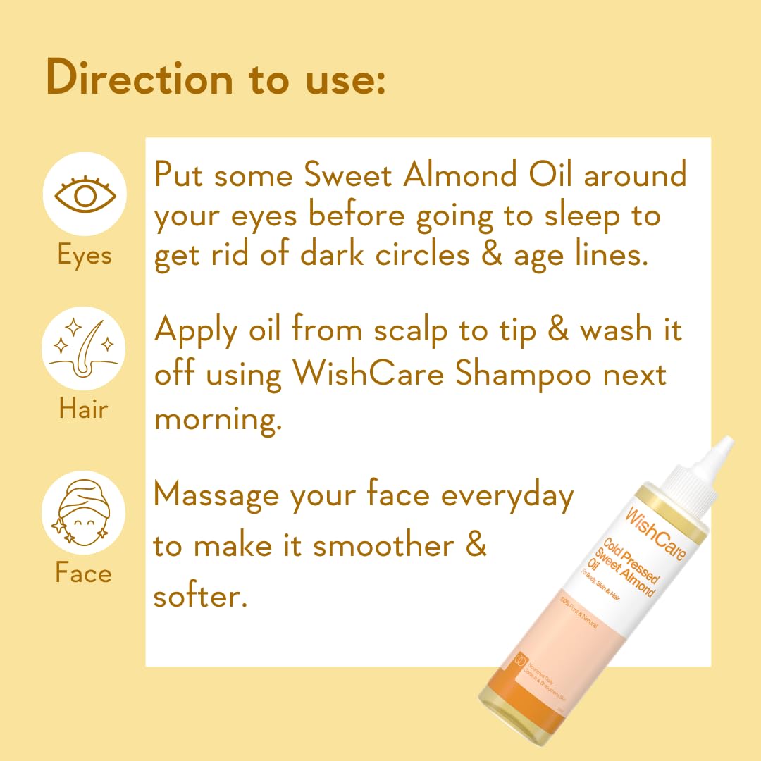 WishCare® Pure Cold Pressed Sweet Almond Oil for Hair Growth and Glowing Skin & Face - 200ml