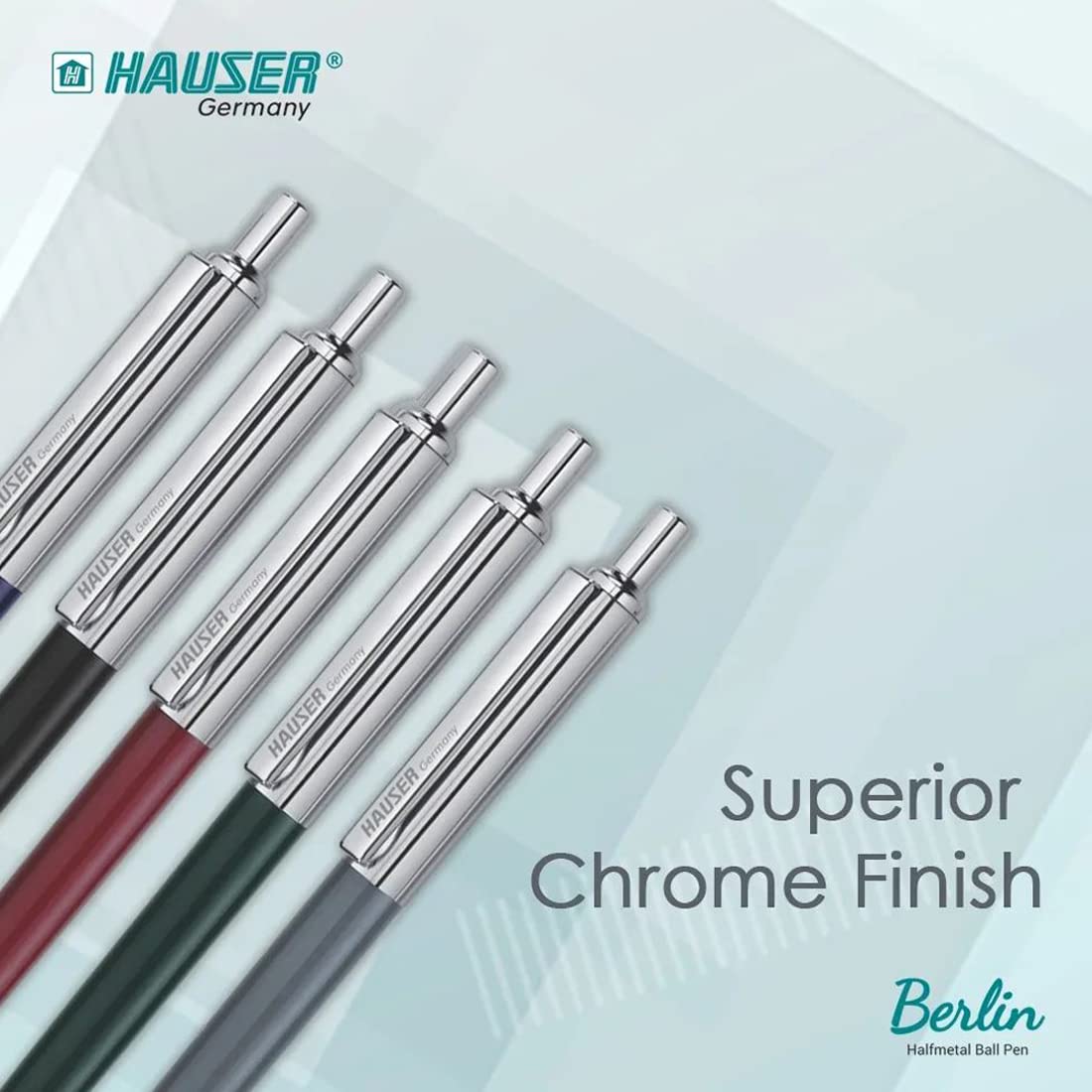 Hauser Berlin Half Metal Ball Pen Box Pack | Retractable Mechanism With Smudge Free Writing | Attractive Designer Pen | Smooth, Sturdy, Refillable Pen | Ideal For Gifting | Blue Ink, Pack of 5