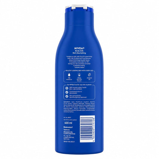 NIVEA Rich Nourishing Body Lotion 400ml for Dry Skin with Almond Oil and Deep Moisture Serum Intensive Hydration Moisturizer for Women and Men Non Greasy Fast Absorbing Body Lotion