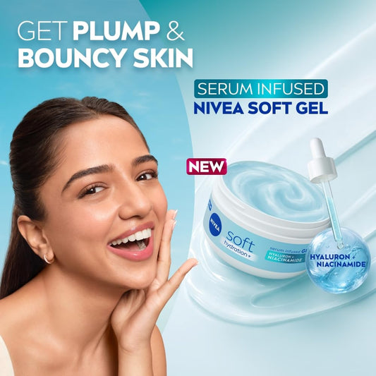 NIVEA Soft Hydration+ Serum Infused Gel Moisturizer for Plump & Bouncy Skin | Face Cream with Hyaluron & Niacinamide | 100Hr Hydration | Quick Absorbing Moisturiser for All Skin Types | 300ml