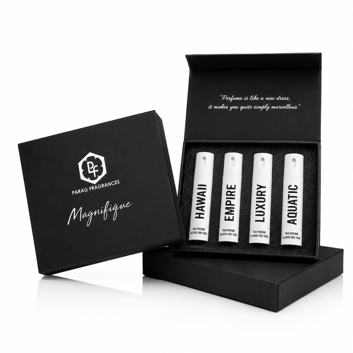 Parag Fragrances Alcohol-Free Magnifique Perfume Gift Set for Men & Women | 4 x 15ml Alcohol-Free Perfumes | Hawaii, Empire, Luxury & Aquatic Fragrances | Long Lasting Pocket Perfume Collection