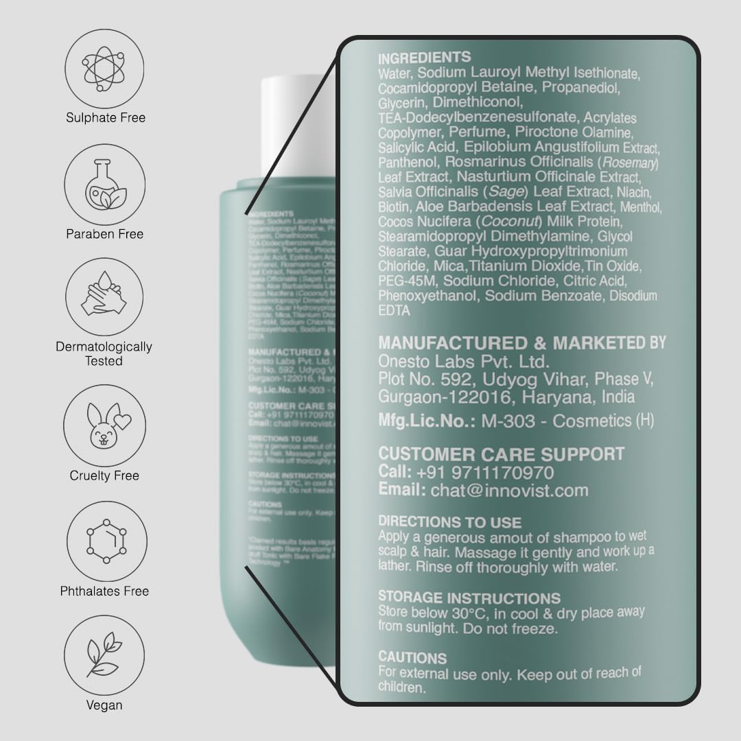 Bare Anatomy Anti-Dandruff Shampoo | Up To 100% Dandruff Reduction | ZPTO-Free | pH 5.3 | Salicylic Acid, Piroctone Olamine & Biotin | Non-Drying Formula | For Strong, Smooth Hair | Unisex