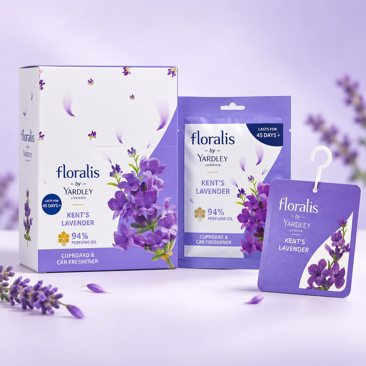 Yardley London Floralis Kent's Lavender Cupboard & Car Freshener (10g) | 94% Perfume Oil Sachet | Long-Lasting Fragrance Up to 45 Days for Wardrobes, Drawers & Cars (Kent Lavender) (Pack of 6)